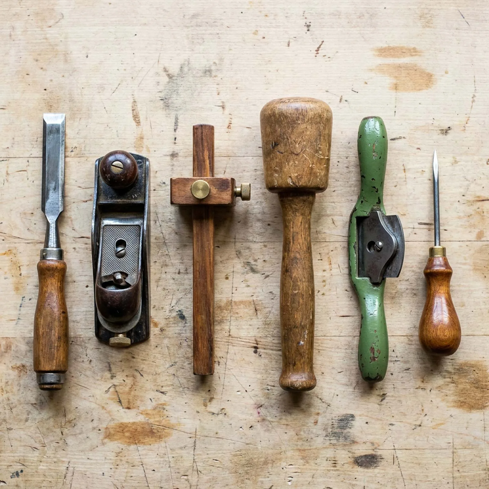 A row of well-worn, well-kept hand tools laid out on a timber bench.
