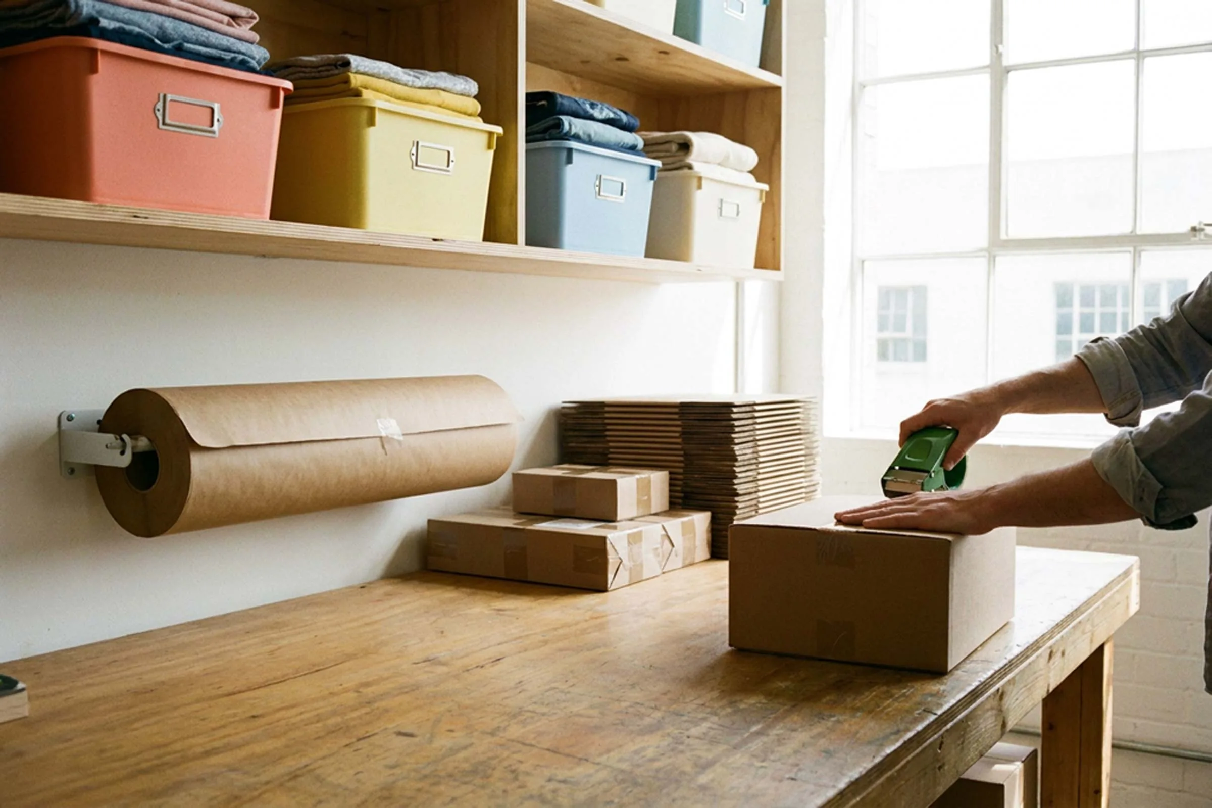 Hands taping a parcel shut on a timber dispatch bench, with colour-coded storage boxes on the shelves behind.
