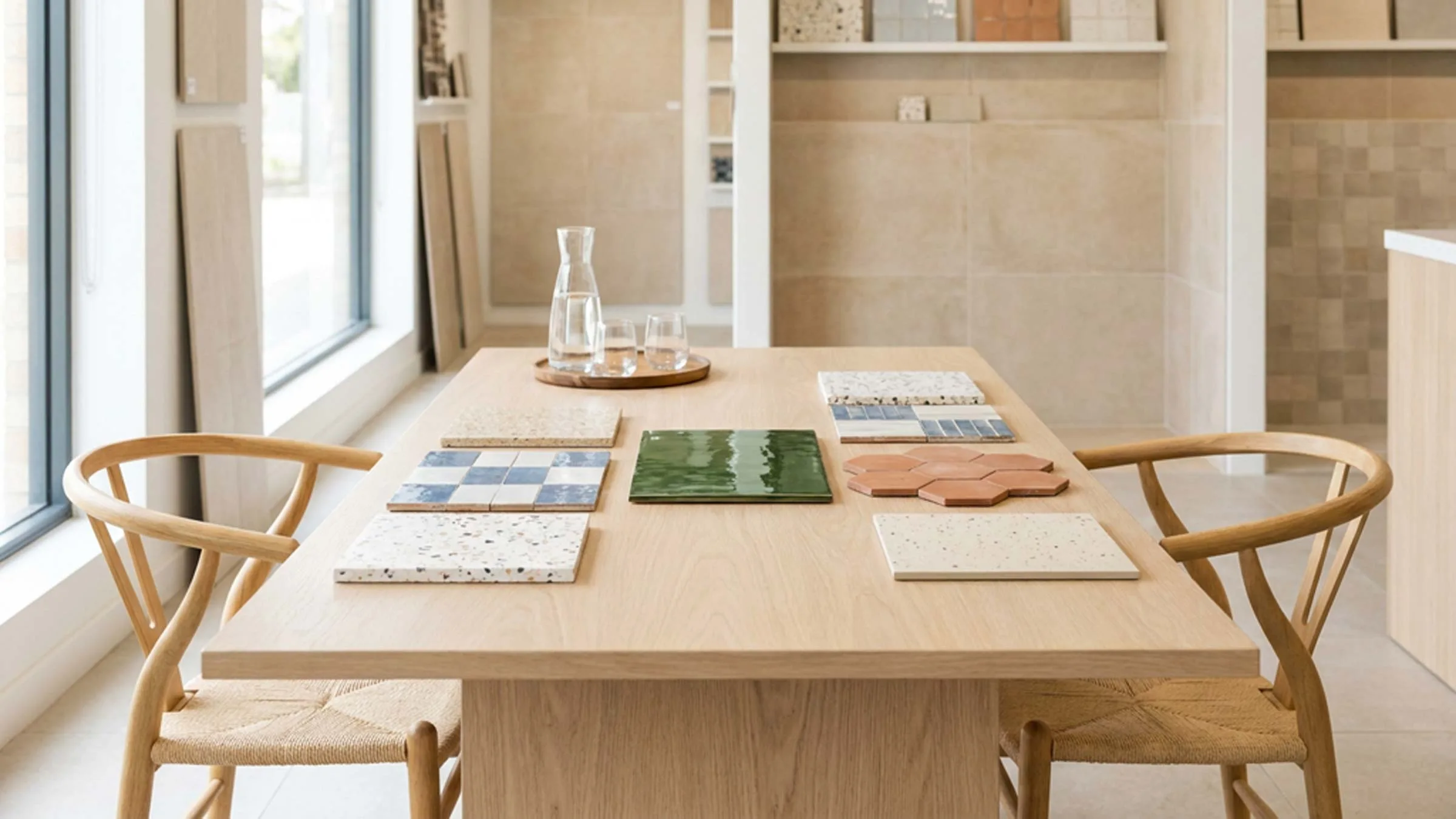 A tile showroom consultation table set with samples and two empty chairs, ready for an appointment.