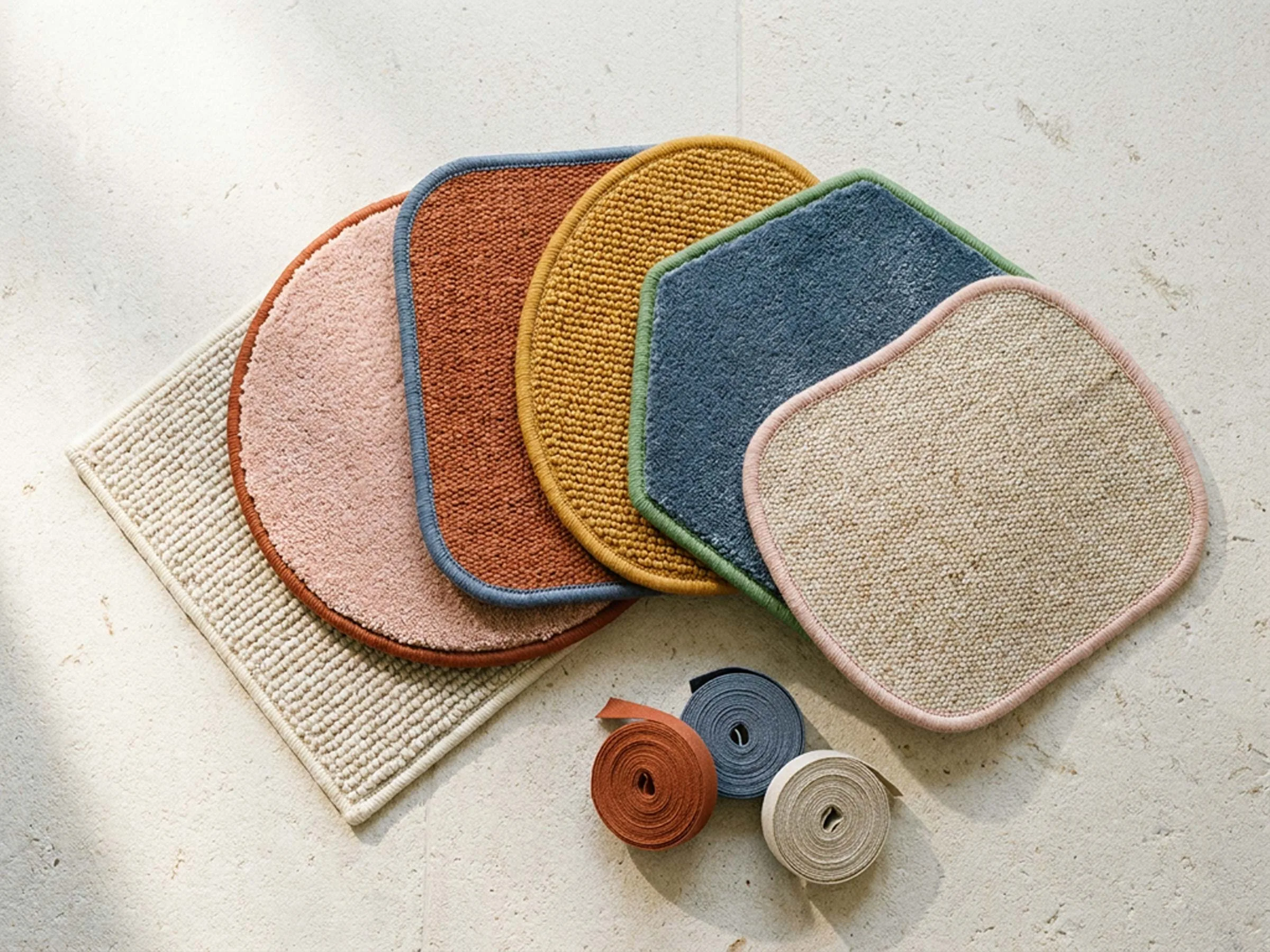 A fanned stack of rug samples in different shapes, piles and edge bindings.