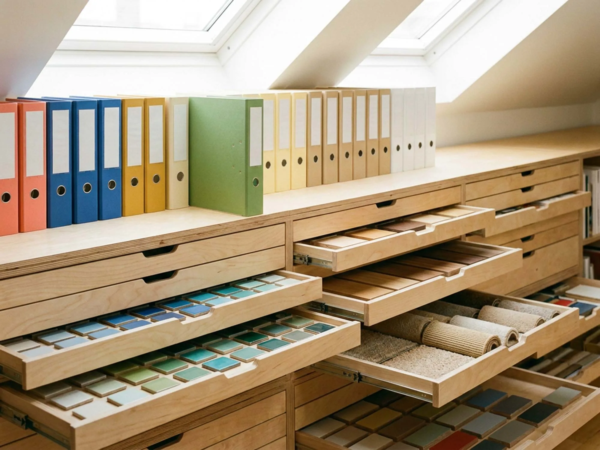 Flat-file drawers of neatly sorted material samples, with a green binder pulled forward from a row.